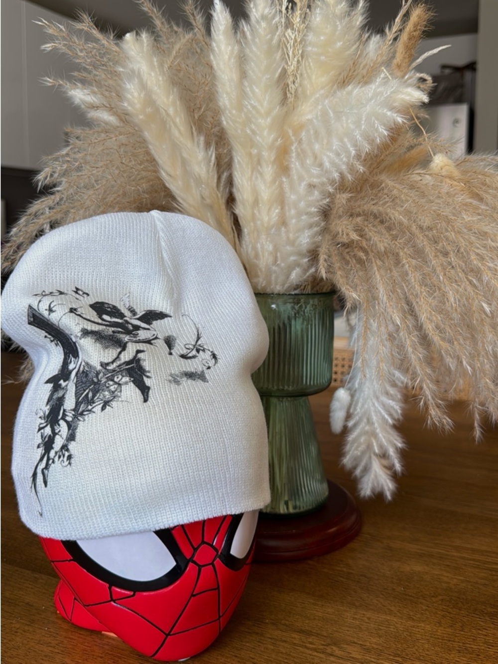 White Beanie with Black Floral Graphic